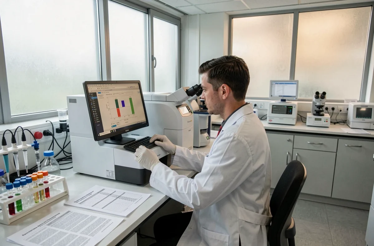 Technicien en contrôle qualité utilisant un chromatographe pour analyser la composition de compléments alimentaires en laboratoire