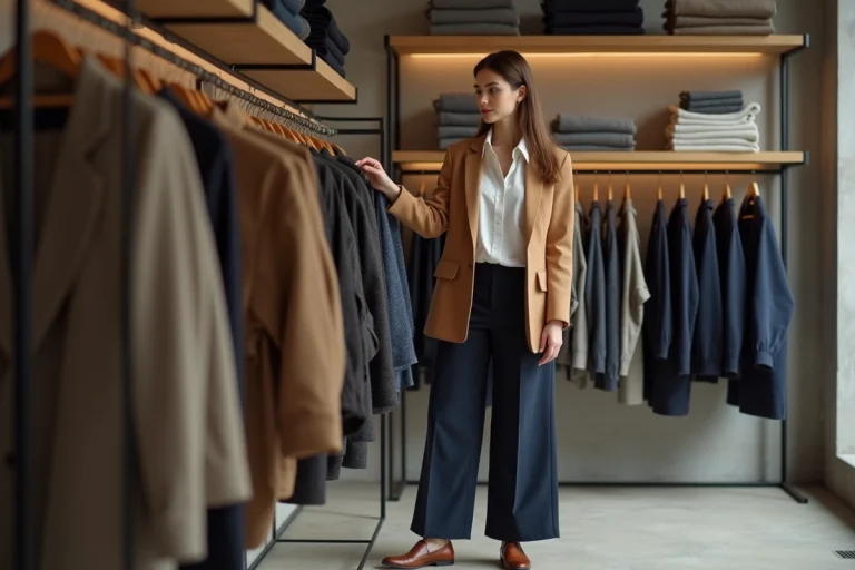 Femme élégante en blazer camel et pantalon large marine dans une boutique de mode parisienne tendance