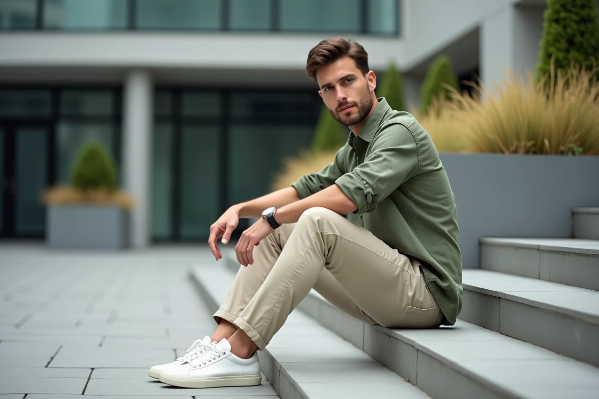 Homme tendance en chemise en lin sauge et chino ecru assis sur les marches d'une place urbaine moderne