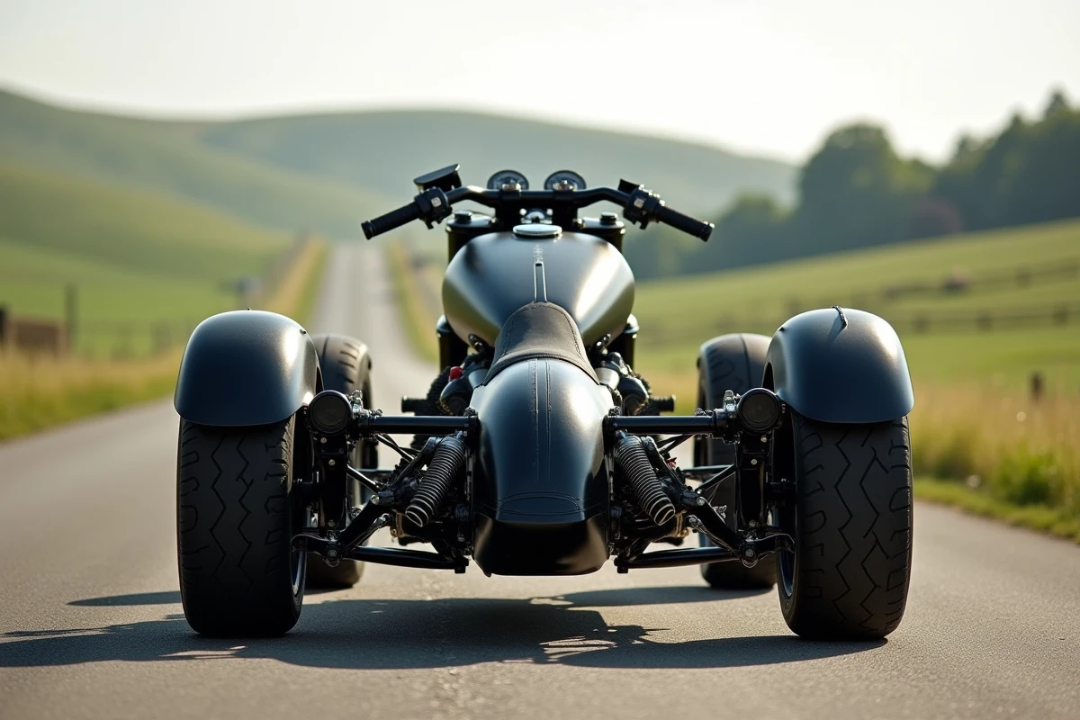 Trike custom converti depuis une moto garé sur une route rurale avec paysage vert en arrière-plan