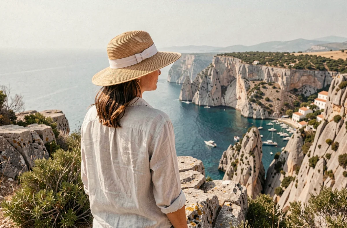 Femme en voyage contemplant une baie turquoise depuis une falaise côtière méditerranéenne